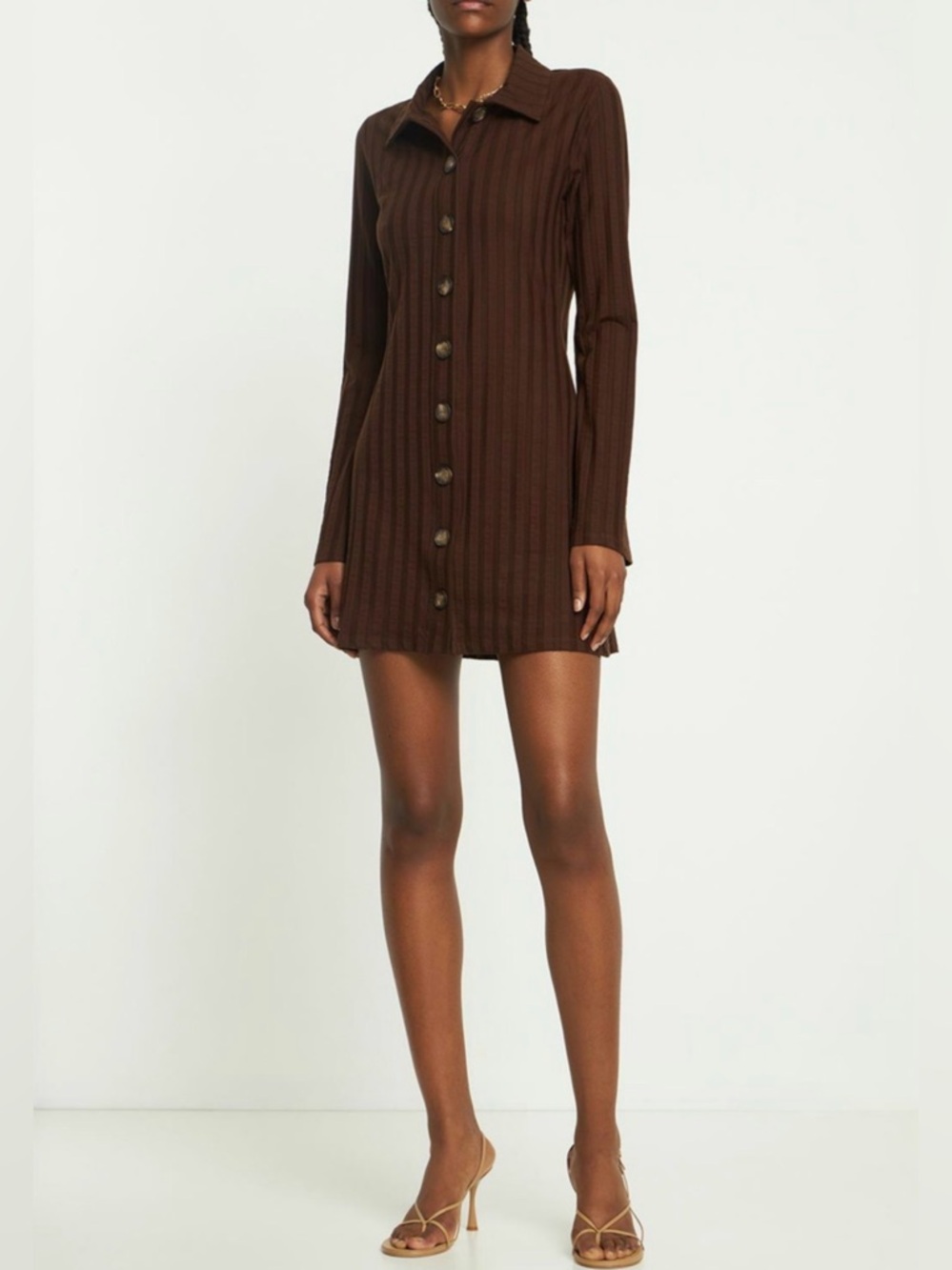 Reformation Chocolate Brown Ribbed Button-Down Mini Dress - Picture 2 of 10
